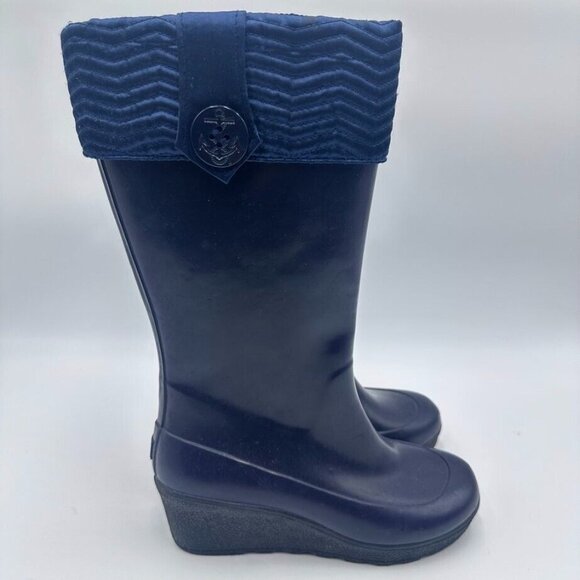 Sperry Boots Women 7 Waterproof Rain Navy Blue 2" Heel Cuff Rubber Anchor Button - Picture 2 of 10